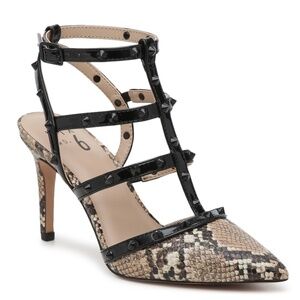 Snake Print Studded Strappy Pointed Toe Pumps